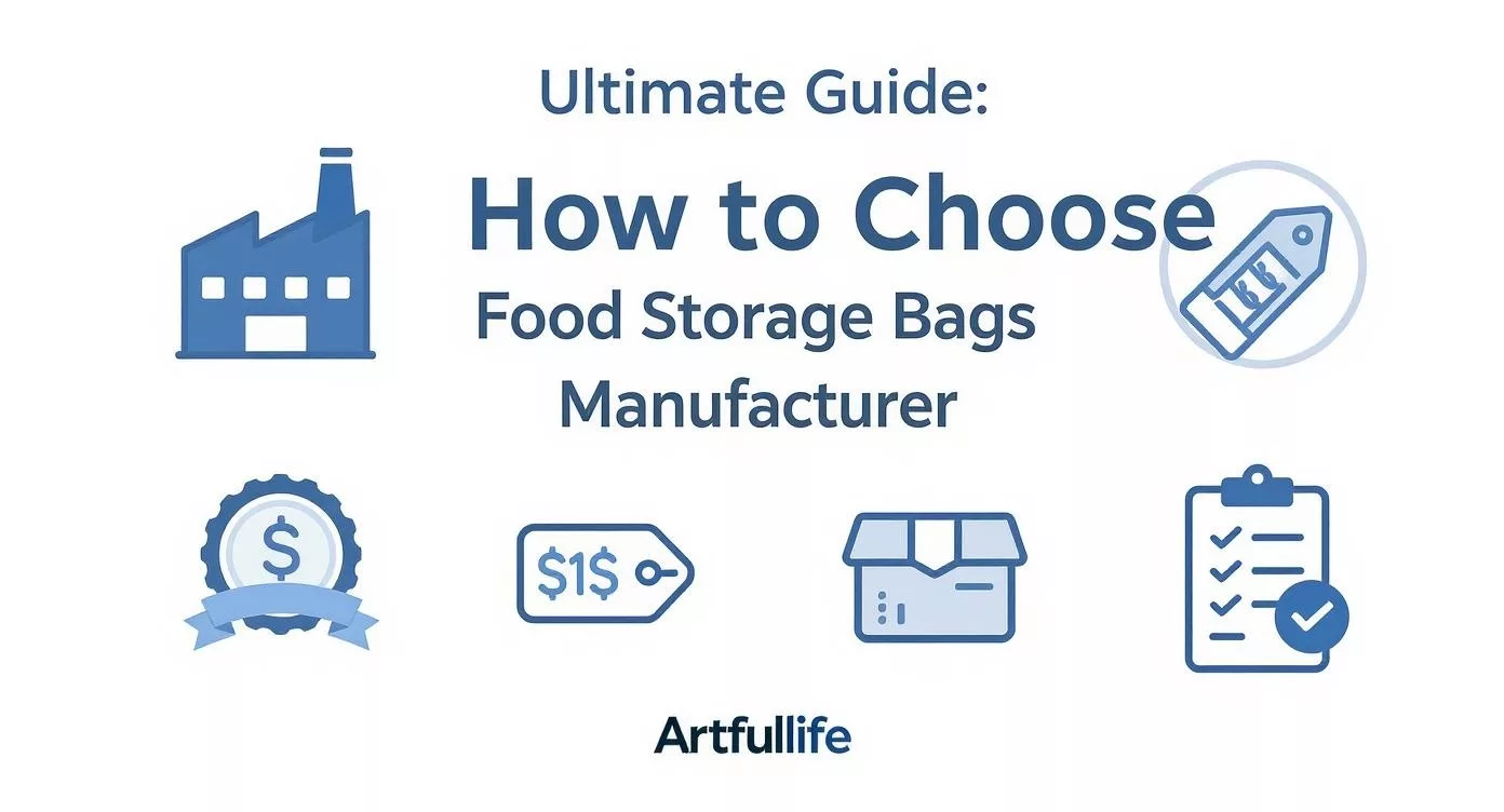 Guía definitiva en infografía para elegir el mejor fabricante de bolsas de almacenamiento de alimentos con criterios clave de selección y Artfullife branding